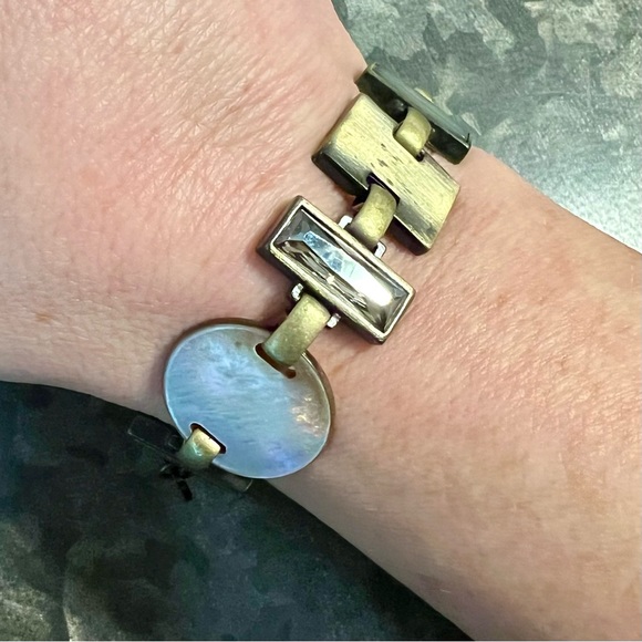 Dyrberg Kern MOP Mother of Pearl Brutalist Artisan Panel Link Bracelet Brushed - Picture 3 of 10